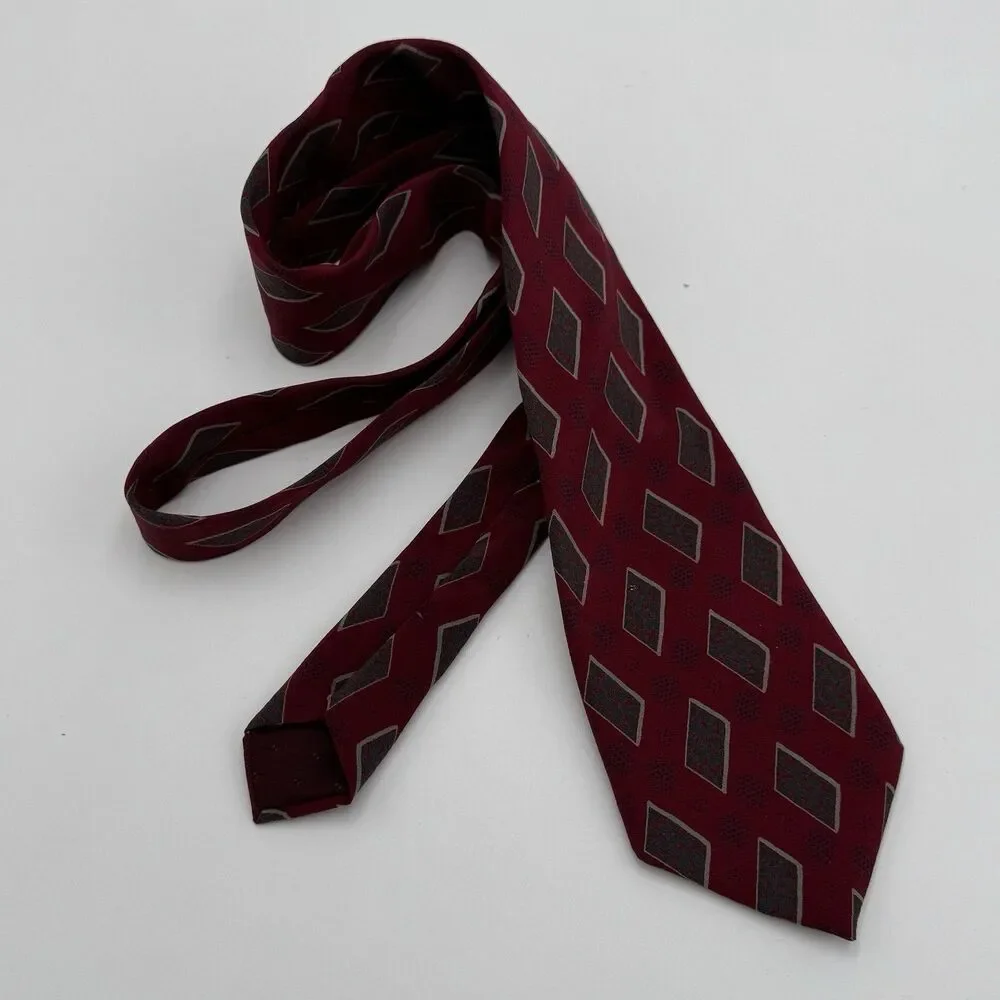 Vintage David Lawrence Silk Tie 80s 90s Burgundy Diamond Geometric Necktie Italy